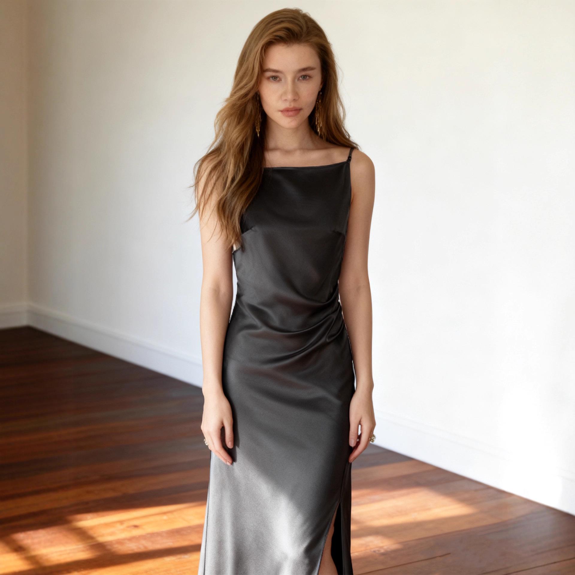 

High-End One-Shoulder Satin Slip Dress with Waist-Cinched Slit S