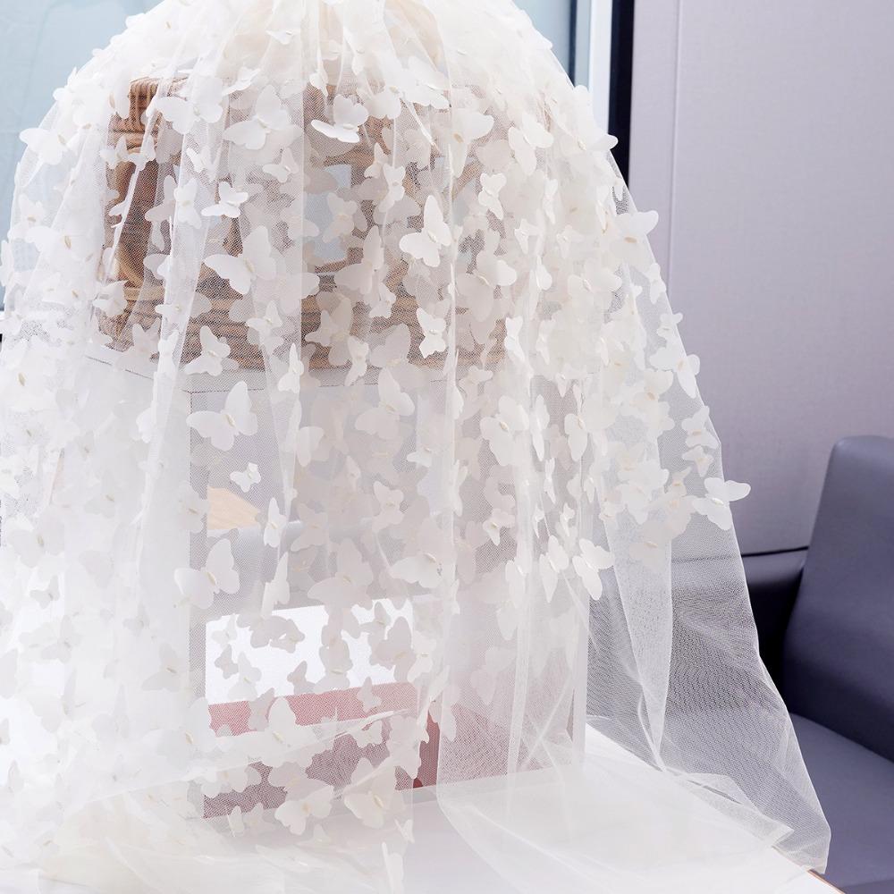 1Yard*130cm 3D Embroidered Butterfly Mesh Fabric Rainbow Gradient Handmade Tulle Dress Sewing Fabric for Stage Costume