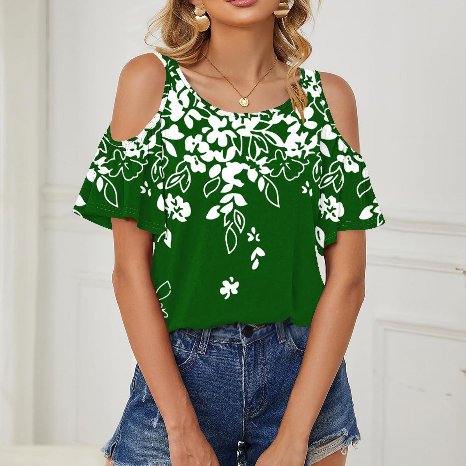 

Женская повседневная, дышащая, свободная футболка с открытыми плечами и короткими рукавами с принтом листьев XXL зелёный