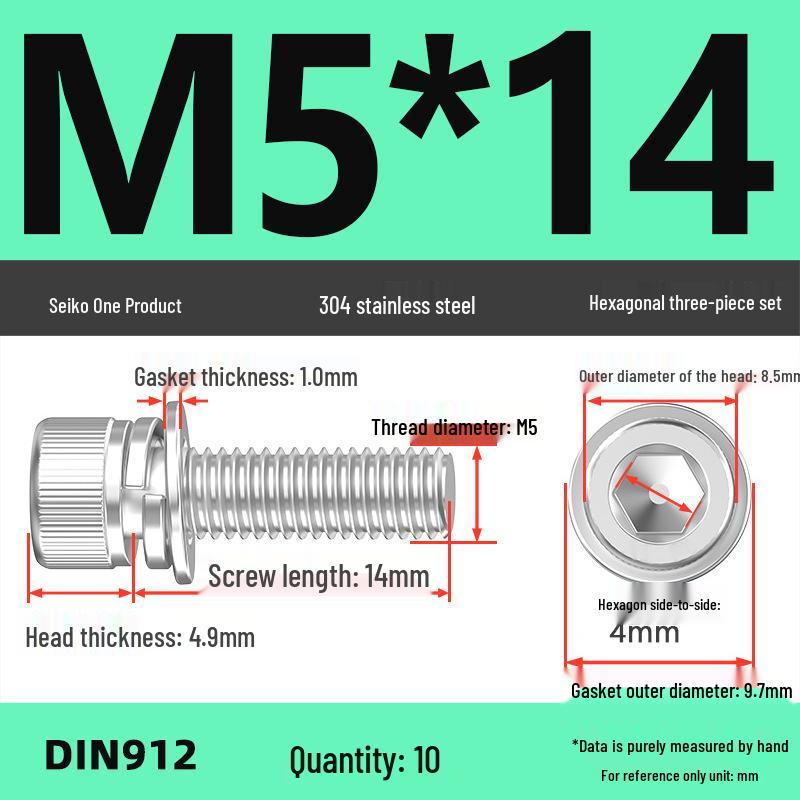 304 Stainless Steel Hex Socket Cap Screw with Washer - Sizes M3, M4, M5, M6, M8, M12