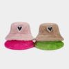 Winter Keep Warm Plush Bucket Hat Ladies Windproof Commute Camping Fisherman Cap with Heart Patchwork Hat for Girlfriend  White
