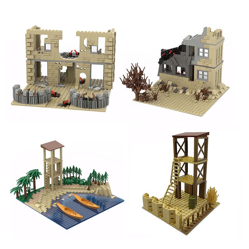 MOC Parts Military Battlefield WW2 Ruins Weapons Fortress Blockhouse Model Building Blocks Army Architecture Bricks Toy Kid Gift