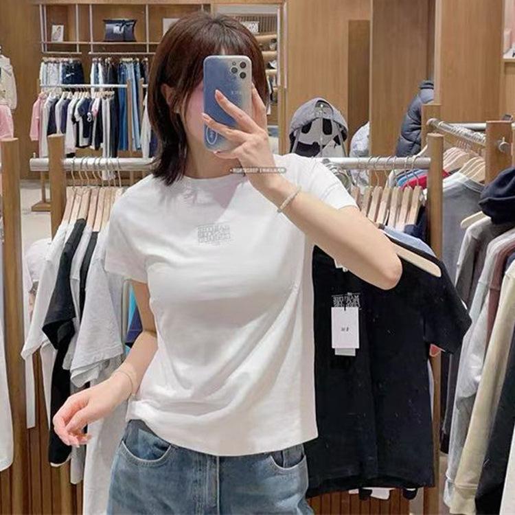 Women's Crew Neck Short Sleeve Slim Fit Korean Cotton Crop T-Shirt Small Logo Letter Print Celebrity Same Tee