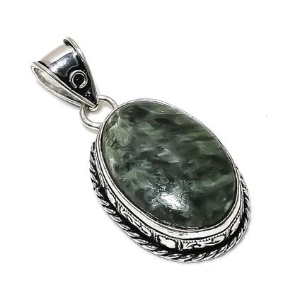 Natural Seraphinite Gemstone Handmade 925 Sterling Silver Pendant 1.89" Q9Q08