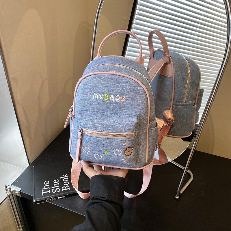 

Женский джинсовый рюкзак контрастного цвета, новая модная школьная сумка в колледж-стиле, летний универсальный повседневный рюкзак розовый