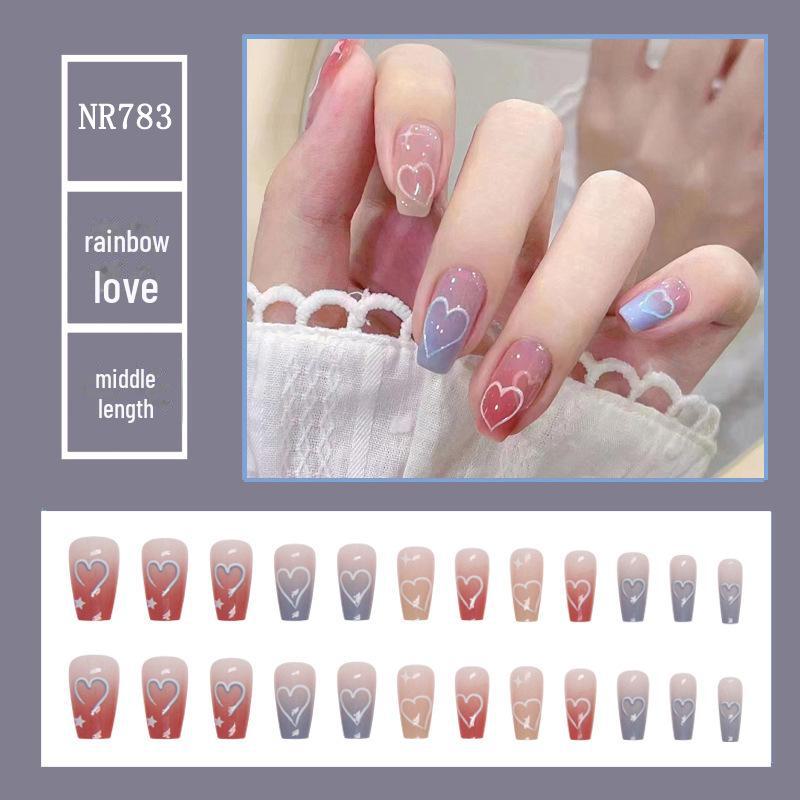 Medium & Long Rectangular T-Shaped Wearable French Cartoon Nail Art Patches - One Size Fake Nails