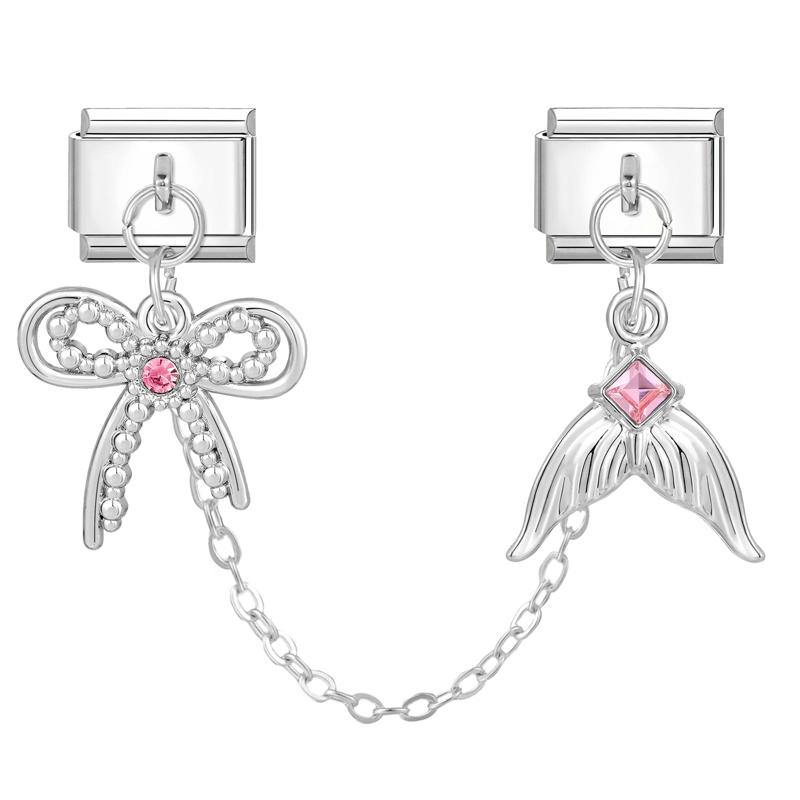 Y2K Zircon Moon Bow Star Pink Heart Tassel Chain Italian Charm Links Fit 9MM Stainless Steel Bracelet Women DIY Making Jewelry