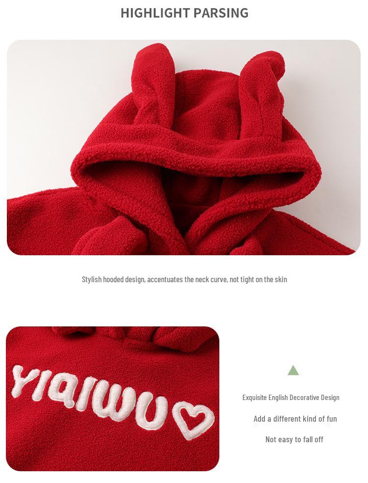 Parent-Child Hooded Sweatshirt with Rabbit Ears: Stylish Furry Red-Lettered Sweater for Autumn/Winter & New Year's