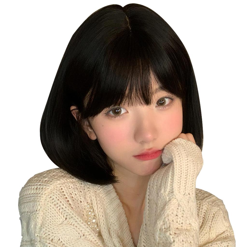 Short Small Looks Black Harajuku Korean Heat Resistant Wig, Bob, 5-piece Set, Straight, Short, Cute, Face, Young, Wig, Hair, Pink, Garland, Style,