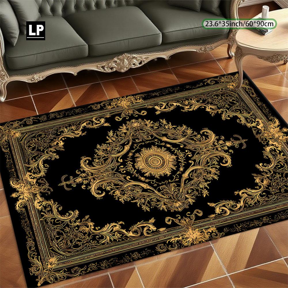 Luxury Black Gold Baroque Print Carpet Plush Flannel Rug Living Room Bedroom Home Decor Area Rug Non Slip Floor Mat