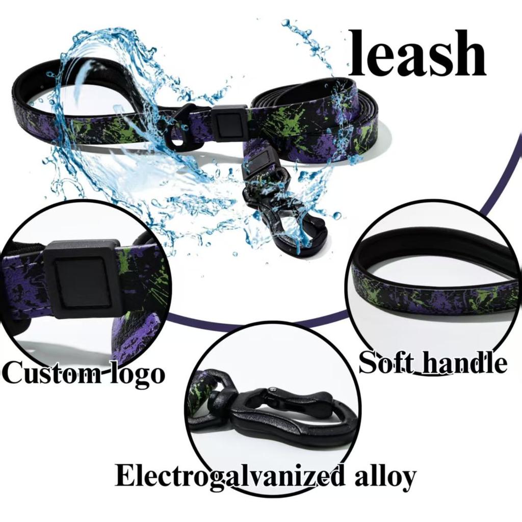Waterproof PVC Dog Collar and Leash Set Adjustable Printed Pet Collar with Quick Release Buckle for Small Medium Large Dogs