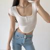 Women Summer Fashion Streetwear Sexy White Transparent Crop Tops Buttons V Neck Short Sleeve Pullover Slim T Shirts Club Party