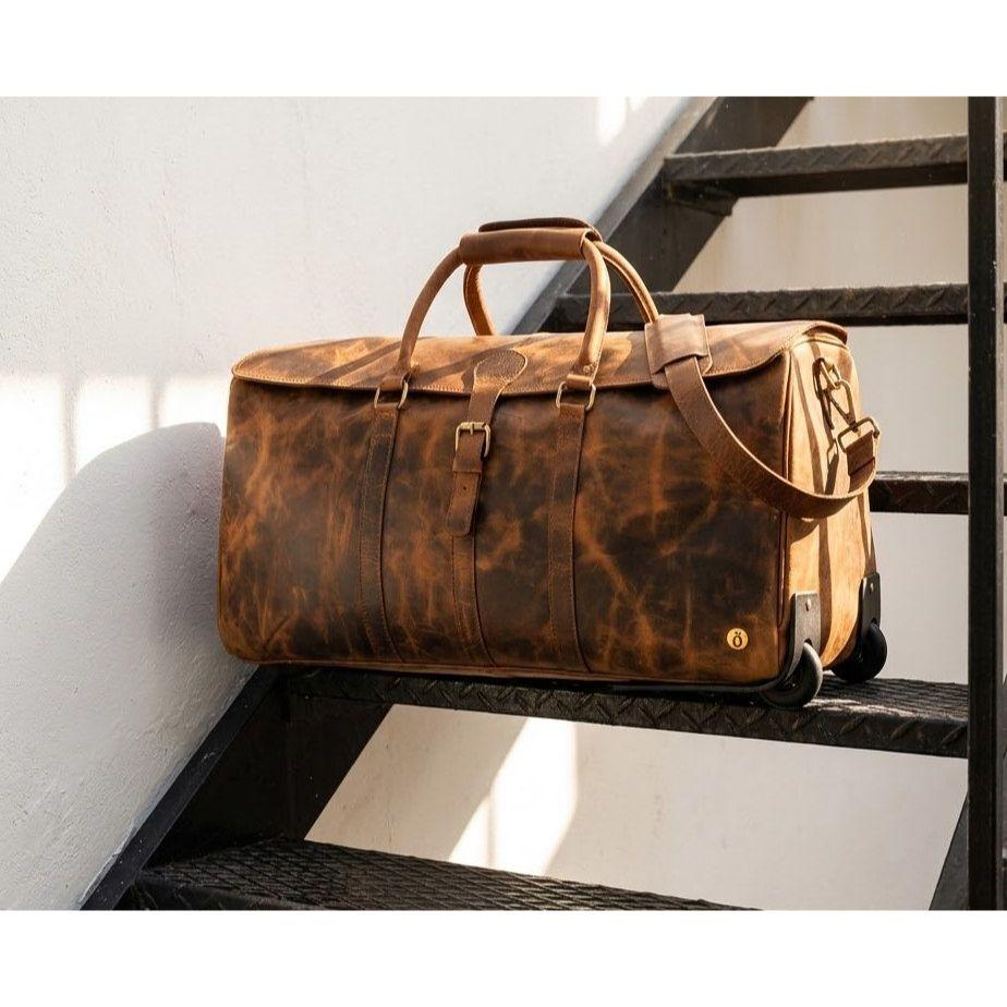 Monogrammed Leather Duffle Bag On Wheels | Genuine Leather Weekender Bag | Leather Holdall | Overnight Bag Men | Gifts For Him