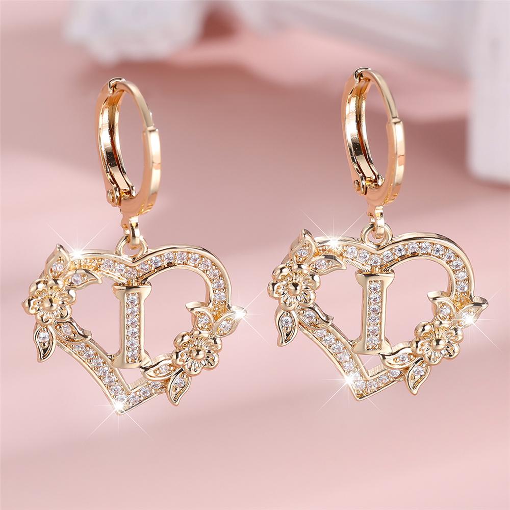 Vintage Hollow Love Heart Flower A-Z 26 Letters Hoop Earrings Yellow Gold Color White Zircon Earring Wedding Jewelry For Women