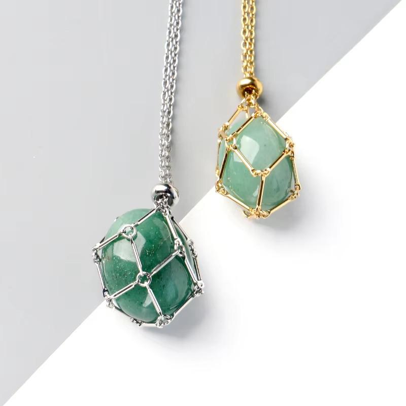 Handwoven Stainless Steel Mesh Necklace with Adjustable Chain and Natural Crystal Stone Cage