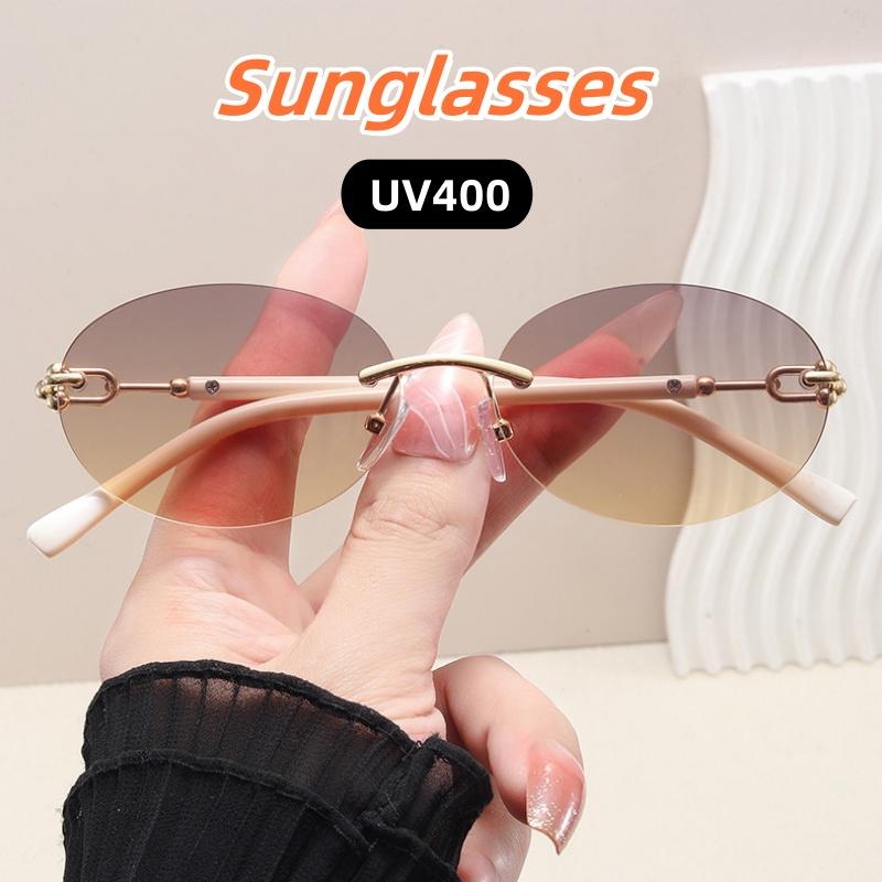 Unisex Light Luxury Advanced Oval Frameless Cut Edge Sunglasses Ultra Light Fashion Stage Performances Uv Resistant Glasses