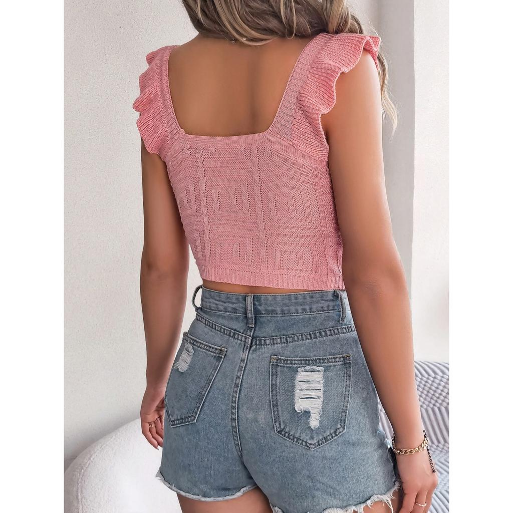 QICED Spring Summer Solid Color Square Neck Black Ear-trimmed Sleeveless Knitted Sweater Crop Top Women's Clothing