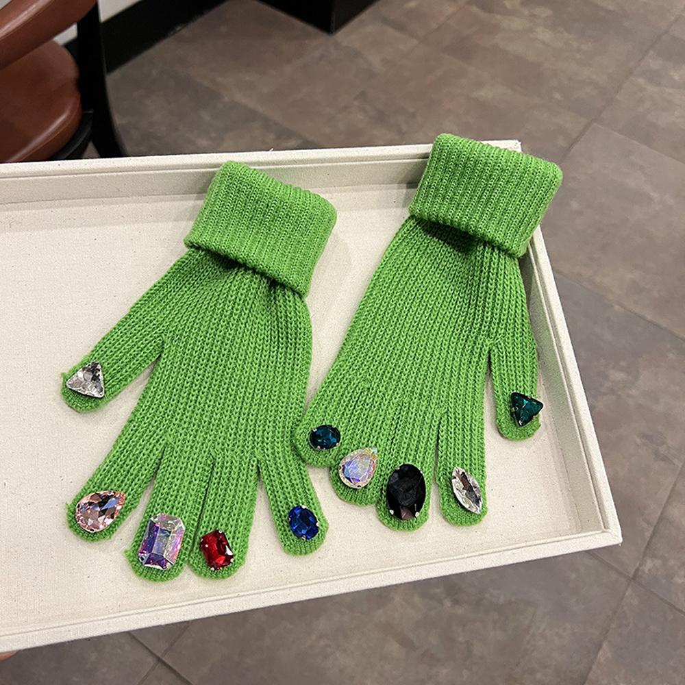 Women Winter Warm Knitted Full Finger Gloves Solid Wool Luxury Rhinestone Touch Screen Mittens Female