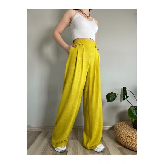 Pantaloni plisați cu talie înaltă, cu nasturi, de in Stone