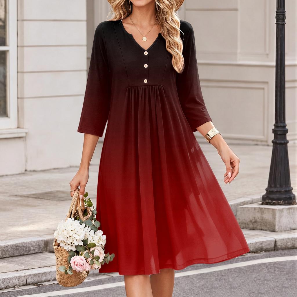 Women's Casual V-Neck Dress with Three-Quarter Sleeves and Gradient Print