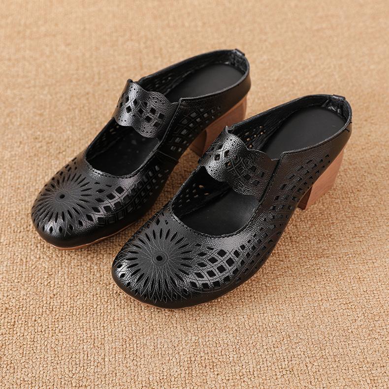 New Summer Retro Handmade Hollow Hole Shoes Mid-heel Casual Women's Slippers Mid-mother Soft Sole Shoes