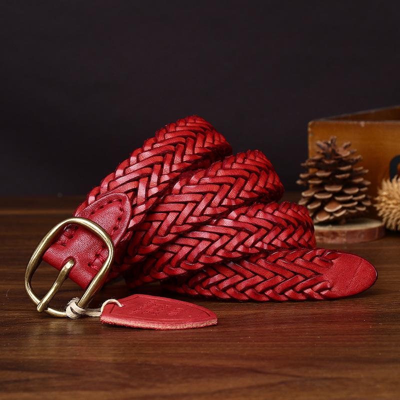 New Leather Copper Buckle Handwoven Belt Women'S Leather First Layer Cowhide Versatile Retro Woven Jeans Belt
