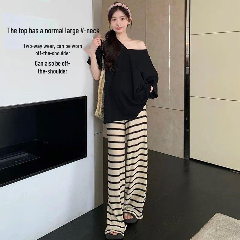 

Summer Maternity Two-Piece: Cozy French-Style T-Shirt & Striped Wide-Leg Pants for Pregnant Women XXL for 145-165 lbs
