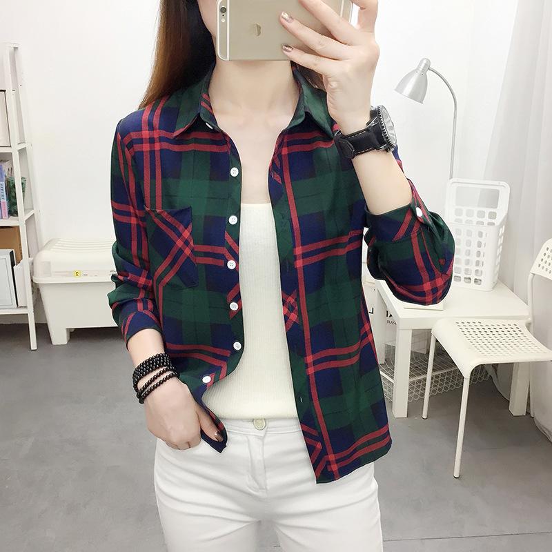 2025 Women's Korean Style Plaid Slimming Shirt - Casual Long Sleeve Print for Spring & Autumn Students