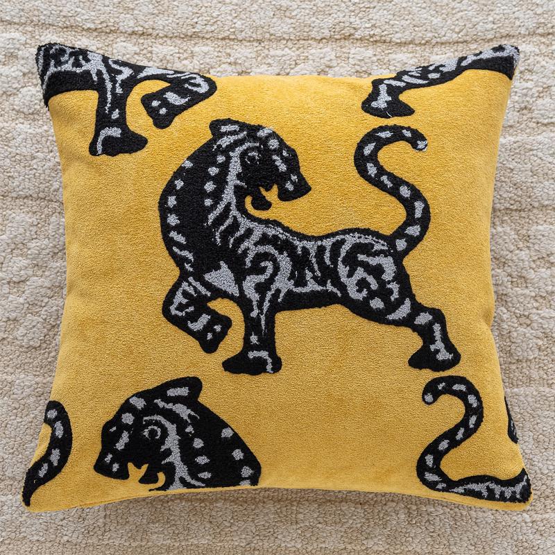 Retro Leopard Embroidery Cushion Case, Yellow Pillow Cover, Luxury Decorative, Sofa, Chair, Bedding, Home Decorations