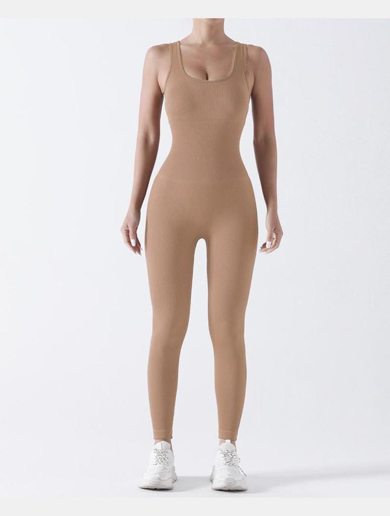 Dvoudílná žebrovaná kombinéza s vycpávkou na hrudi - Bezešvé sportovní oblečení pro jógu a fitness