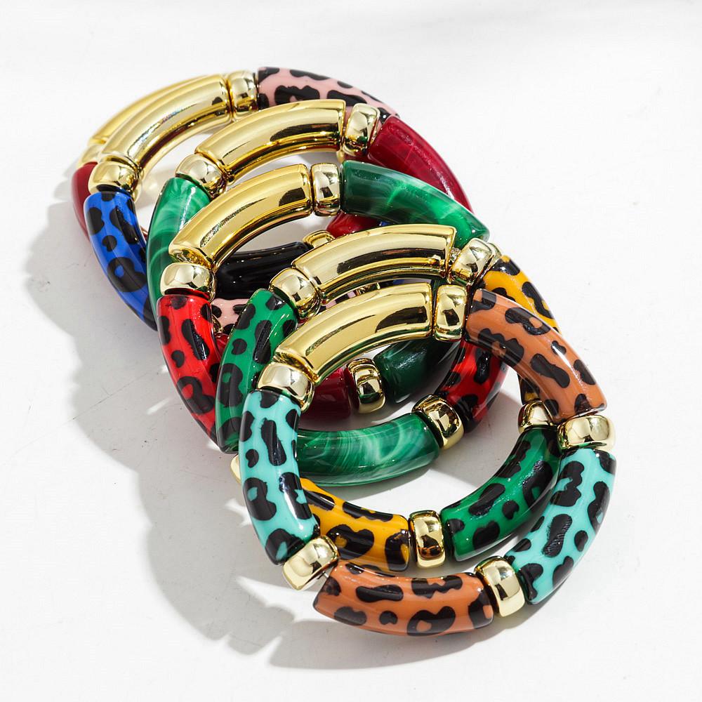 New Leopard Bamboo Tube Acrylic Bracelets for Women Men Retro Elastic Chunky Curved Resin Bracelet Bangle Stack Jewelry Gifts
