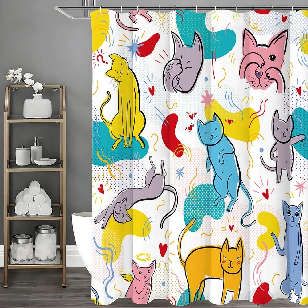 Colorful and Quirky Cats Shower Curtain, Bathroom Decorative Shower Curtain, Waterproof Shower Curtain with Hooks 180x180cm