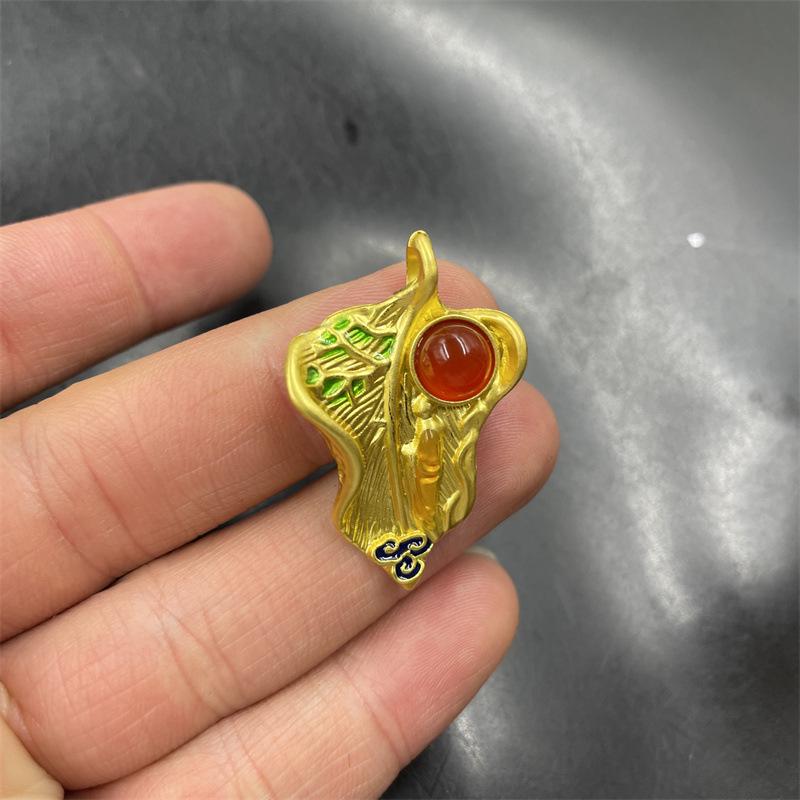 Ice-White Chalcedony Gourd Pendant with Round Flower Charm, Red Agate Maple Leaf, and Green Buddha Jade Pendant.