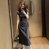French gray short-sleeved dress women's new summer beautiful design sense drawstring waist slim skirt