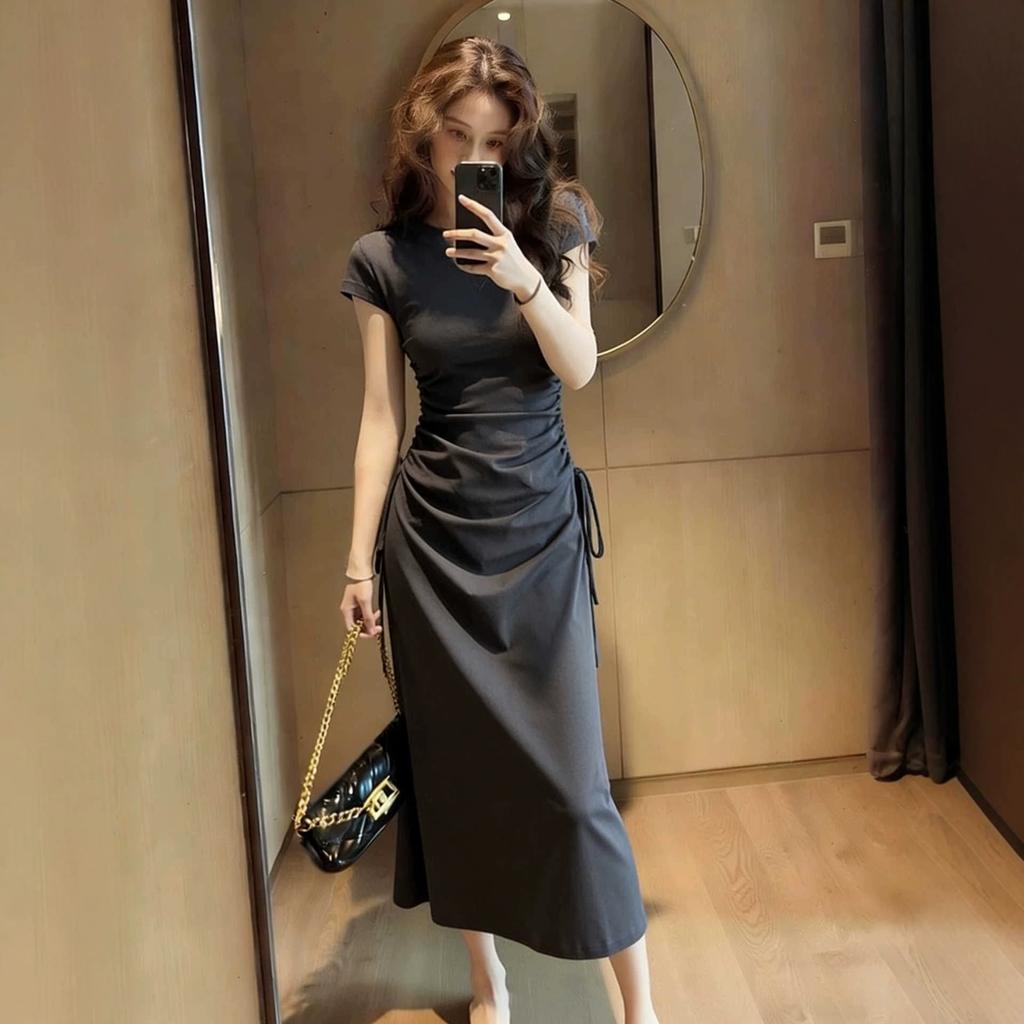 French gray short-sleeved dress women's new summer beautiful design sense drawstring waist slim skirt