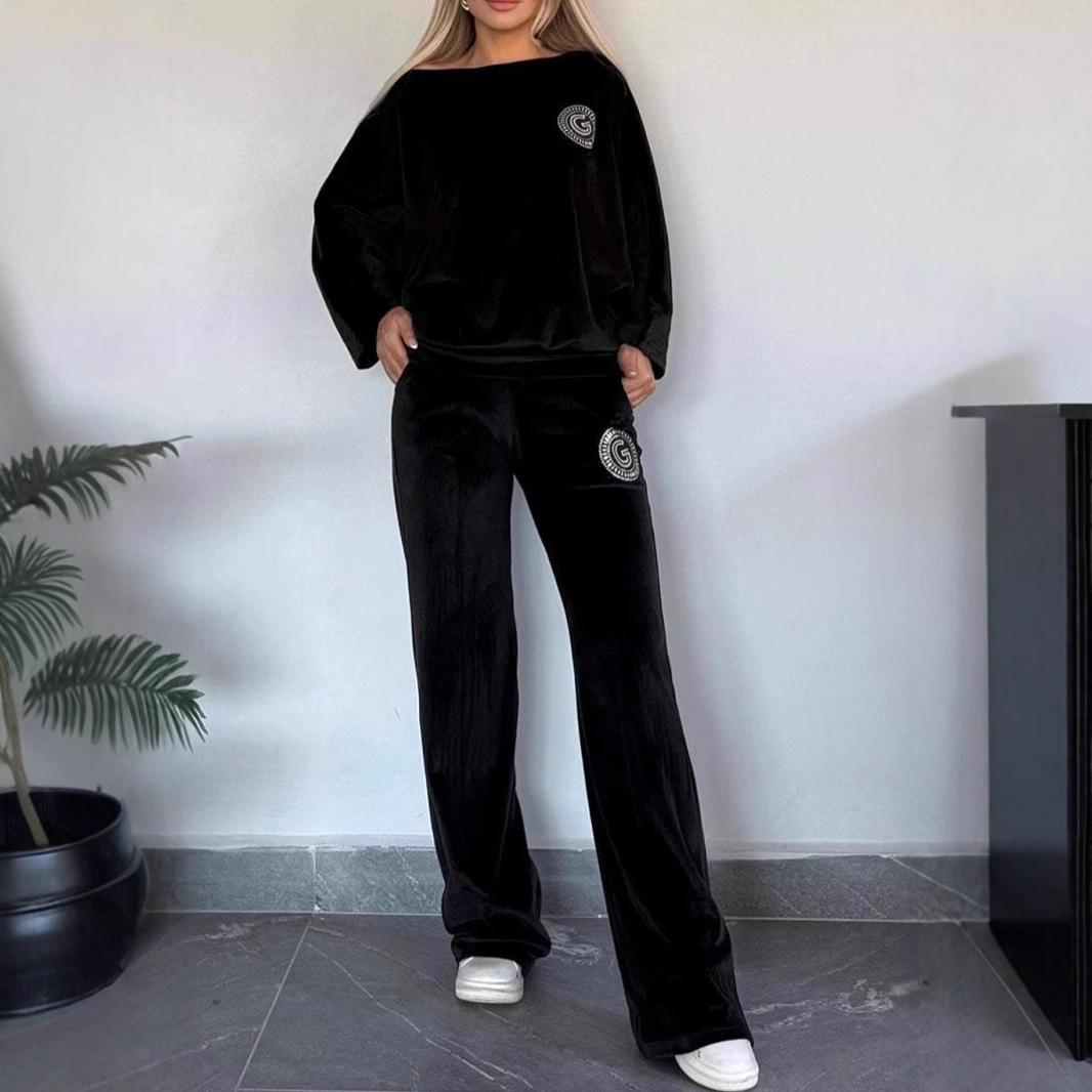 

Женские комплекты из золотистого бархата, однотонные, с круглым вырезом, рукавами «летучая мышь», вышитым узором, верхом, повседневными брюками XXXL чёрный