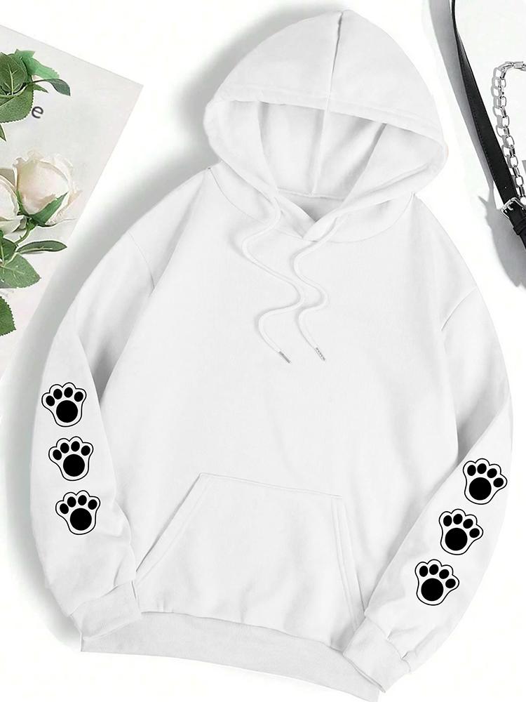 Sprich mit der Pfote Lustiger Hunde-Cartoon-Print Hoodie Damen Warmes Fleece Kapuzenpullover Mode Lässig Kapuze Herbst Locker Rundhals Damen Oberteile