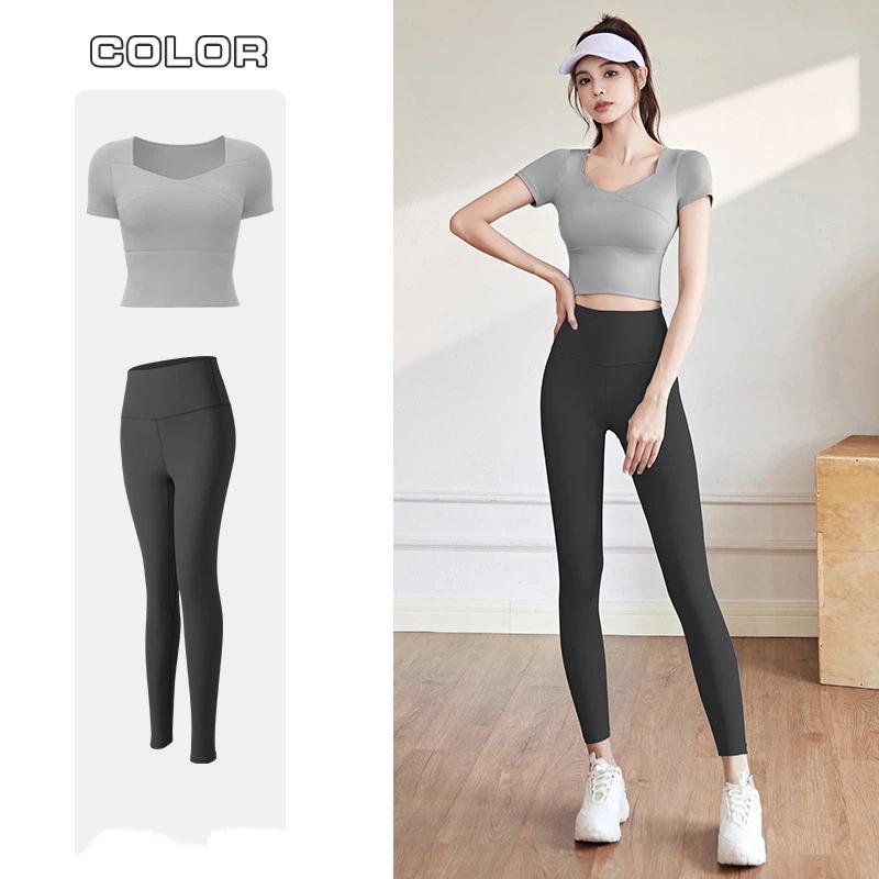 New Summer Sports Suit for Women Tight Quick Drying Short Sleeve Top with Underwire Support Full Length Yoga Pants Fitness Training Sets Famale