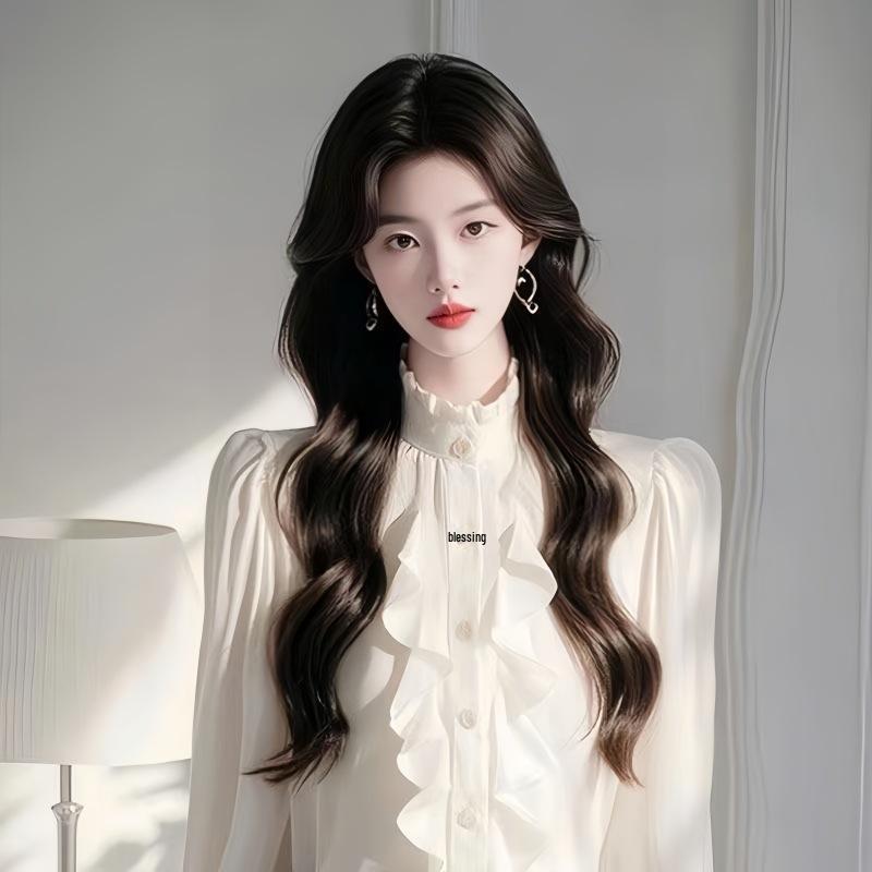 Elegant French Chic Lace Patchwork Long Sleeve Blouse - Socialite Style for Early Spring