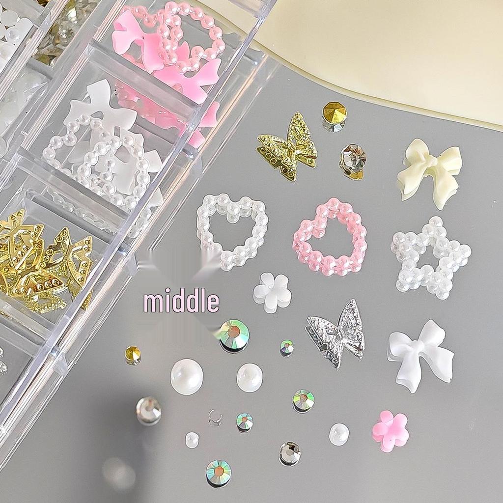 12-Grids Floral Steel Beads & Pearl Rhinestone Nail Art Decor Set