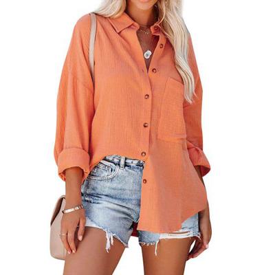 Damen Mehrfarbig Langarm Button-Down Hemd Strukturierter Stoff Tasche Locker Lässig Bluse