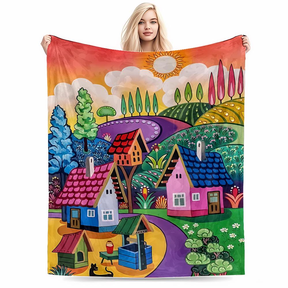 Colorful Fairy Tale Village Landscape Printed Blanket Blanket Decor Blanket, Suitable for Use In the Bedroom, Living Room, On the Sofa