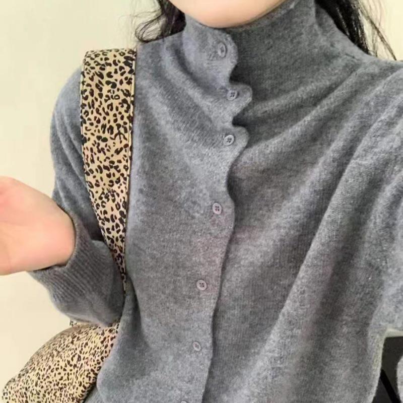 Women's High Neck Cashmere Cardigan - Autumn/Winter Korean Style, Solid Color, Warm & Versatile Wool Sweater