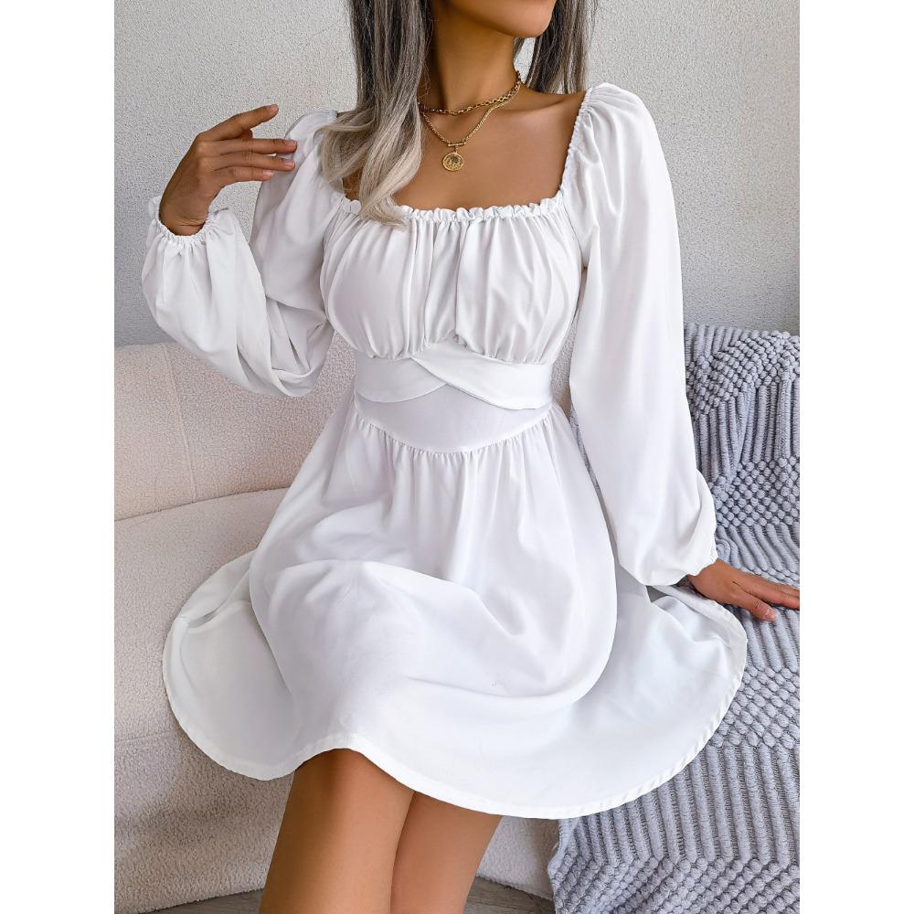 Rochii de damă casual de primăvară și vară, culoare uni, cu urechi din lemn pe lateral, decolteu pătrat, talie marcată, fustă amplă, modă casual