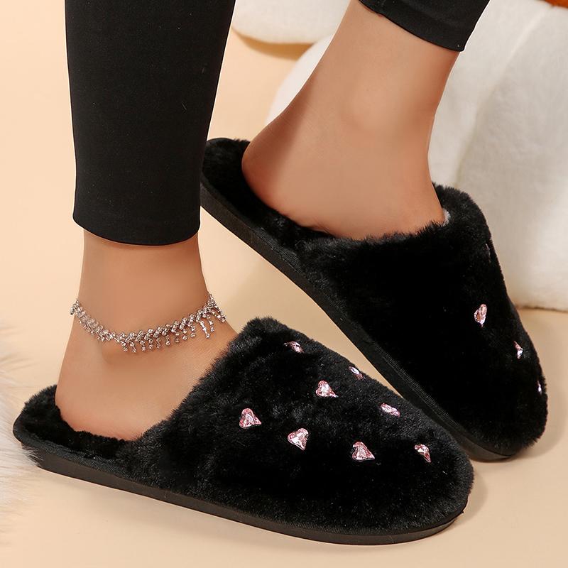 Fashion Fashion Heart Crystal Detor Fur Slippers Women Indoor Slip On Warm Plush Slippers Woman Winter Non Slip Light Cotton Slides Lady