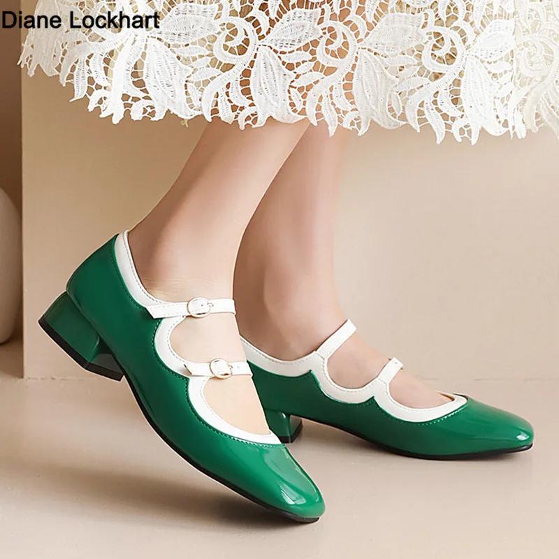 Fashion Fashion Women Mary Jane Flats Ladies Shoes Shallow Mouth Square Toe Solid Color Low Heel Vintage Casual Party Mujer Green Black