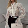 Tessuto jacquard in pizzo europeo e americano, maniche a sbuffo trasparenti, bordo a fungo, cerniera, camicia a maniche lunghe, design cardigan, top, abbigliamento donna