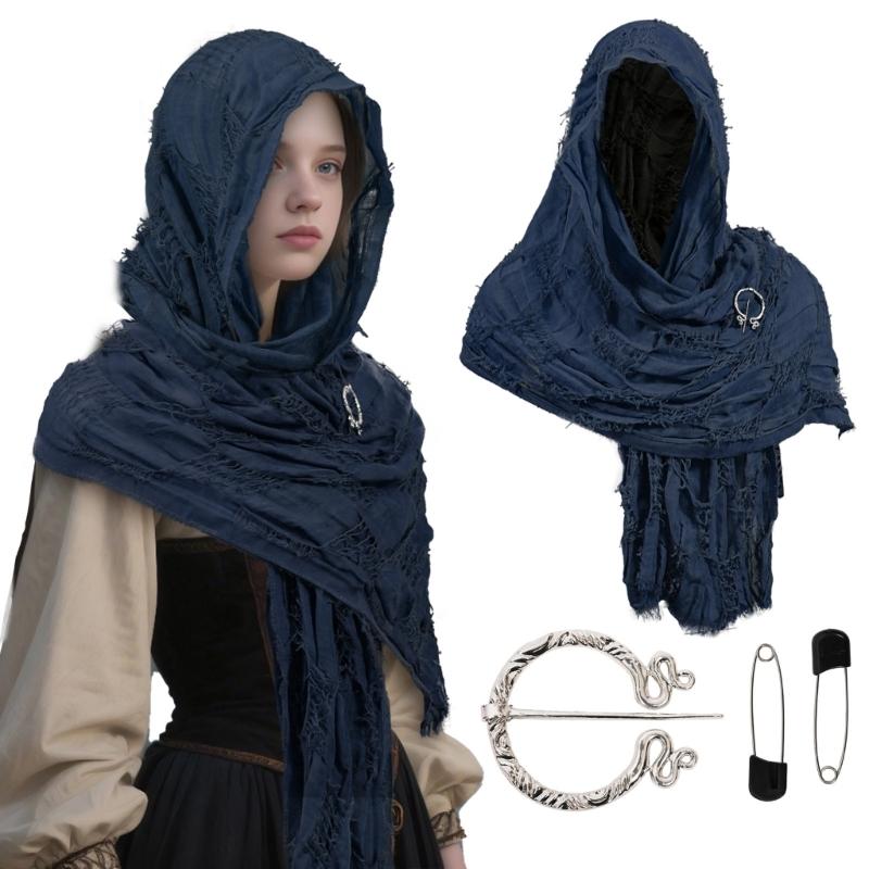 Medieval Waste Land Scarf Shawl Renaissant Costume Accessory With Shawl Brooch Unisex Cotton Blend Cloak for Halloween
