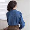 Women's Long Sleeve Denim Shirt Polo Neck Elegant Casual Blouse Solid Color Pocket Design Vintage Layering Top
