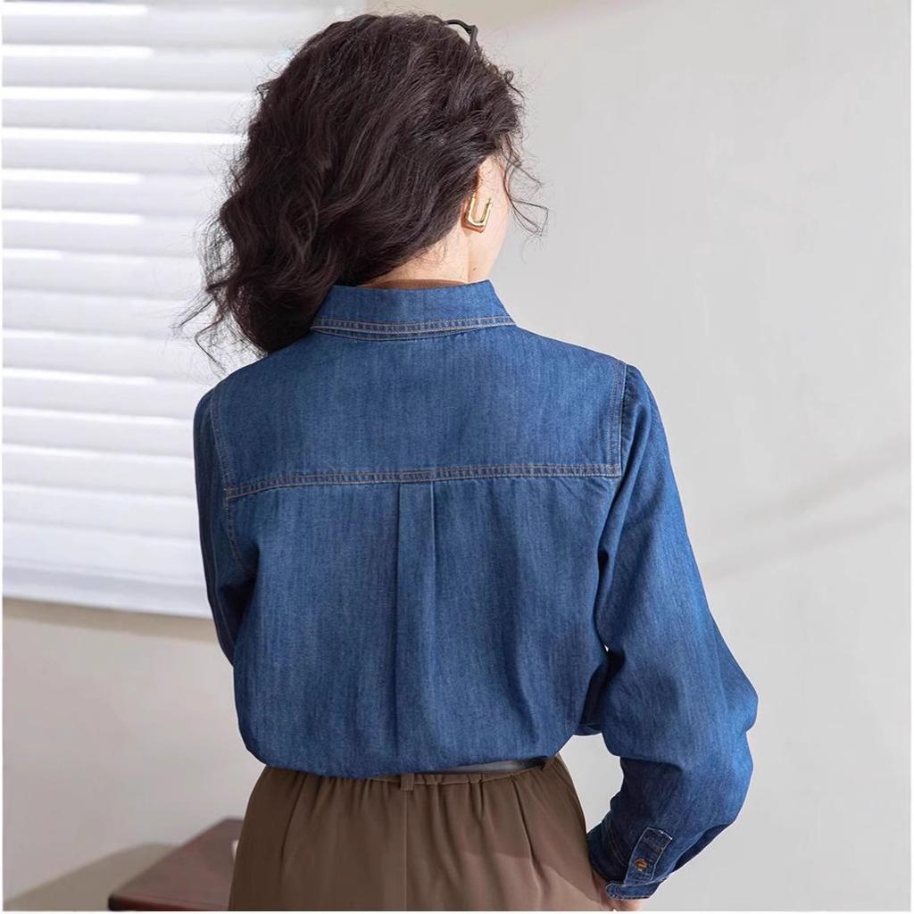Women's Long Sleeve Denim Shirt Polo Neck Elegant Casual Blouse Solid Color Pocket Design Vintage Layering Top